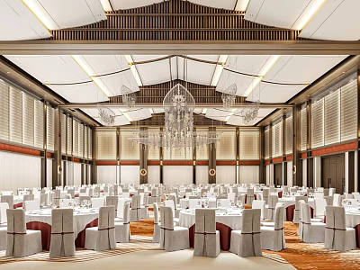 Spacious Banquet Hall Interior With Crystal Chandeliers Round Dining Tables And White Chairs 3d model