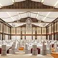 Spacious Banquet Hall Interior With Crystal Chandeliers Round Dining Tables And White Chairs
