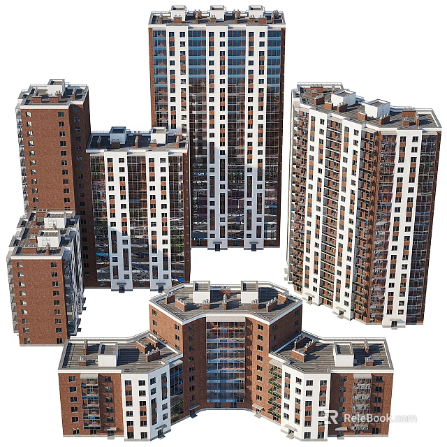 Modern Multi Story Residential Buildings With Red Brick White Facade And Balconies 3d model 
