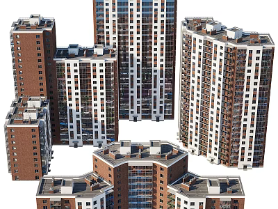 Modern Multi Story Residential Buildings With Red Brick White Facade And Balconies 3d model