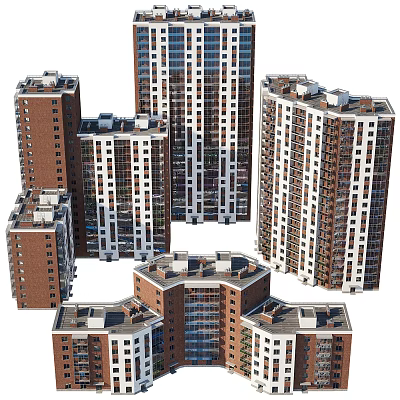 Modern Multi Story Residential Buildings With Red Brick White Facade And Balconies 3d model