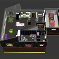 Cartoon House Interior 3D Layout with Living Room Kitchen Garage Furniture and Red Car