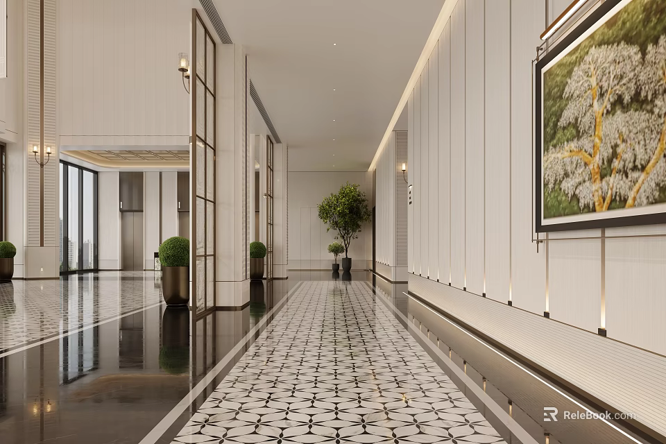 Elegant Luxury Modern Hotel Corridor With Tiled Floor Green Plants And Wall Art Decorations 3d model 