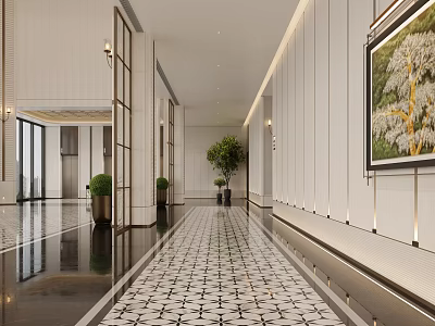 Elegant Luxury Modern Hotel Corridor With Tiled Floor Green Plants And Wall Art Decorations 3d model