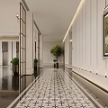 Elegant Luxury Modern Hotel Corridor With Tiled Floor Green Plants And Wall Art Decorations