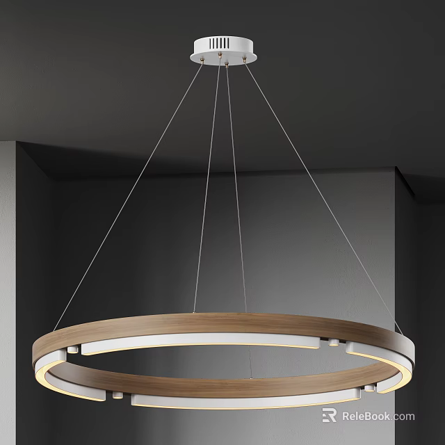 Modern Circular Pendant Light With Wooden Frame And White Inner Ring In Gray Ceiling Interior 3d model