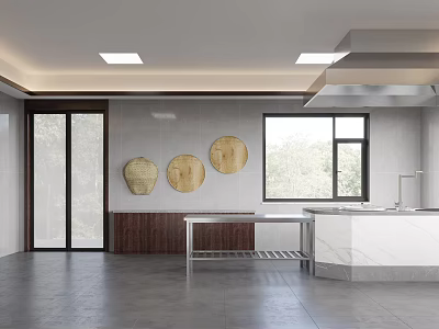 Modern Kitchen Interior With Gray Walls Round Woven Decor White Countertop And Windows 3d model