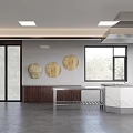 Modern Kitchen Interior With Gray Walls Round Woven Decor White Countertop And Windows