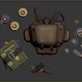Durable Brown Leather Backpack With Metal Buckles Books Knife And Bottles