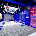 Modern Car Dealership Showroom With Blue Interior Display Car Decorative Posters And Lighting