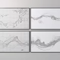 Bedroom Wall Decor With Four Abstract Ink Paintings And Black Frames 3d model