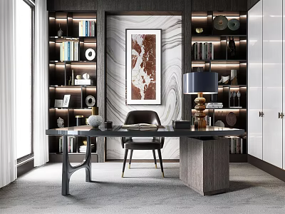 Elegant Modern Study Room Interior With Bookshelves Desk Chair And Artwork 3d model