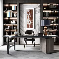 Elegant Modern Study Room Interior With Bookshelves Desk Chair And Artwork