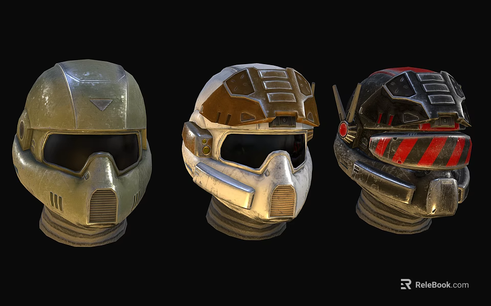 Three Different Futuristic Helmets With Metallic Textures Various Colors And Unique Styles 3d model 