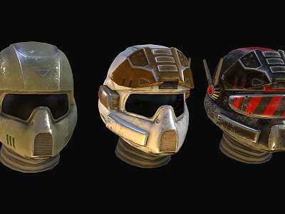 Three Different Futuristic Helmets With Metallic Textures Various Colors And Unique Styles 3d model