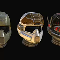 Three Different Futuristic Helmets With Metallic Textures Various Colors And Unique Styles