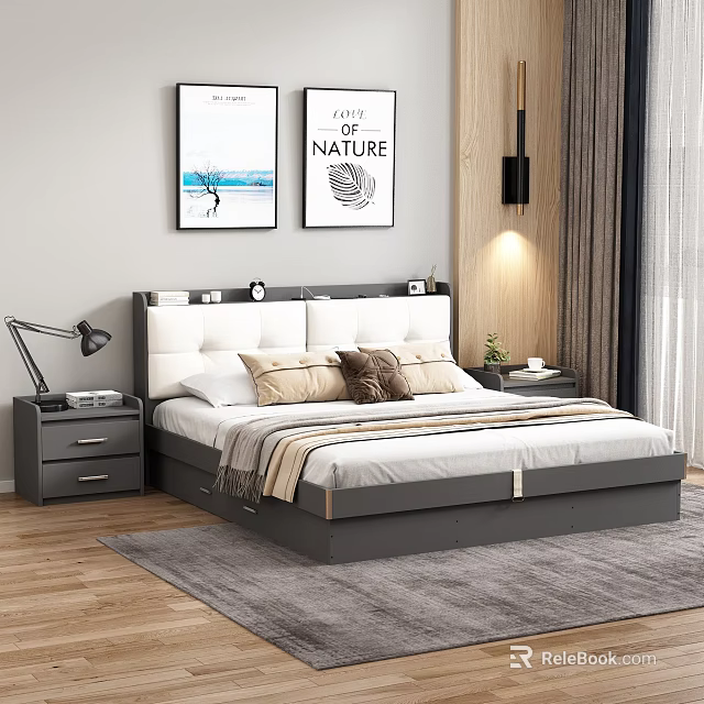 Modern Background Double Bed With White Gray Headboard Beige Brown Pillows Nightstands And Wall Art 3d model 