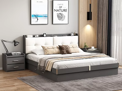 Modern Background Double Bed With White Gray Headboard Beige Brown Pillows Nightstands And Wall Art 3d model