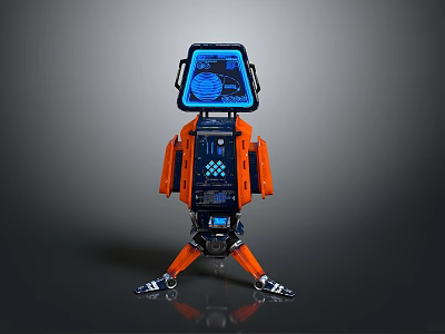 Futuristic Game Movie Character Orange Blue Robot With Digital Screen And Mechanical Legs 3d model