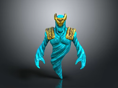 Fantasy Mythical Creature Character With Blue Twisted Body Golden Horned Head And Golden Shoulder Decorations 3d model