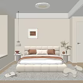 Modern Bedroom Interior With Beige Bed Cushions Nightstands Lamp Window Blinds And Wooden Floor