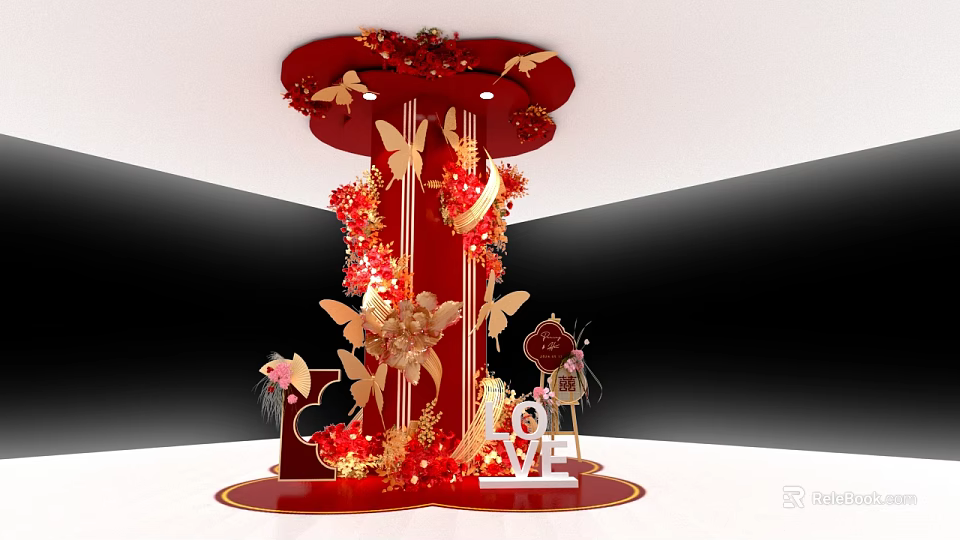Romantic Red Photo Spot With Butterflies Floral Decorations LOVE Sign And Gold Lights 3d model 