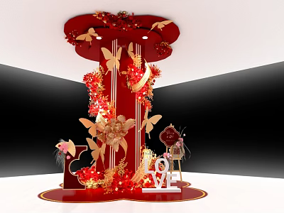Romantic Red Photo Spot With Butterflies Floral Decorations LOVE Sign And Gold Lights 3d model