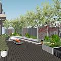 Courtyard Garden With Wooden Deck Seating Area Green Plants Trees And Warm Lighting