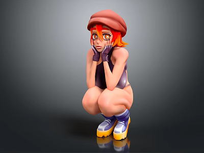 Game Movie Character Orange Hair Red Beret Purple Bodysuit Crouching Pose Yellow Blue Sneakers 3d model