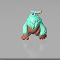 3D Furry Monster Character With Turquoise Pink Body And Curved Horns Design