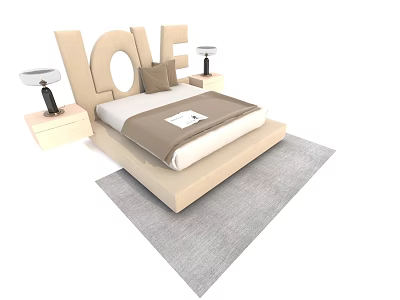 Double Bed with LOVE Shaped Headboard Nightstands Table Lamps and Soft Blanket on Gray Rug 3d model