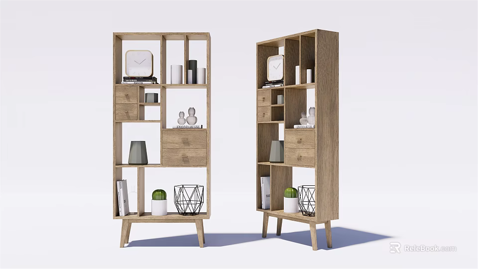 Two Wooden Shelving Units with Drawers Shelves and Decorative Clock Vase Books Potted Plant 3d model 