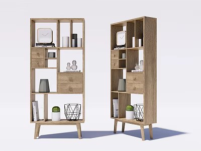 Two Wooden Shelving Units with Drawers Shelves and Decorative Clock Vase Books Potted Plant 3d model