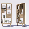 Two Wooden Shelving Units with Drawers Shelves and Decorative Clock Vase Books Potted Plant