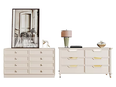 Elegant Modern Console Cabinet And Side Cabinet With Storage Drawers Metal Handles And Decorative Lamps 3d model