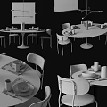 Modern Round Dining Table Set With Wooden Top Metal Base Gray Chairs And Tableware