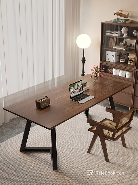 Wooden Desk with Laptop Vintage Radio Flower Vase Wooden Chair near Floor Lamp Curtain Bookshelf 3d model 