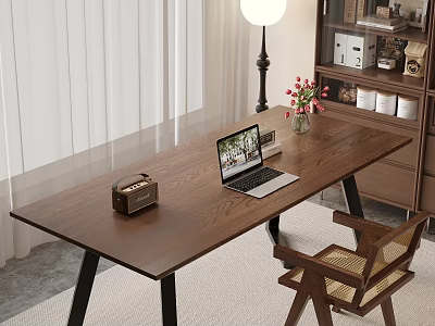 Wooden Desk with Laptop Vintage Radio Flower Vase Wooden Chair near Floor Lamp Curtain Bookshelf 3d model
