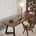 Wooden Desk with Laptop Vintage Radio Flower Vase Wooden Chair near Floor Lamp Curtain Bookshelf