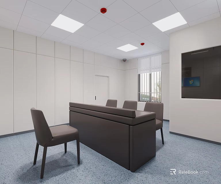 Contemporary Office Space Featuring Dark Table Gray Chairs White Walls Square Lights TV And Windows 3d model 