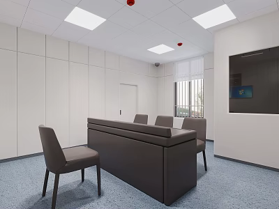 Contemporary Office Space Featuring Dark Table Gray Chairs White Walls Square Lights TV And Windows 3d model