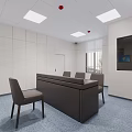 Contemporary Office Space Featuring Dark Table Gray Chairs White Walls Square Lights TV And Windows