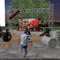 Outdoor Stage Scene With Bright Lights People On Wooden Crate Seats And City Night View