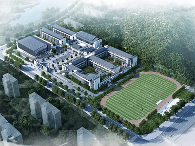 Aerial View Of Modern School Campus With Academic Buildings Sports Field And Green Surroundings 3d model