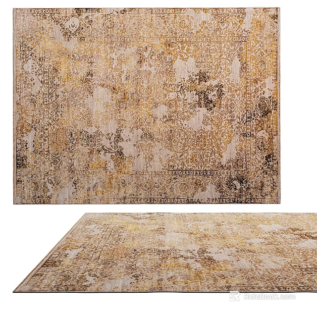 Elegant Square Rug With Intricate Vintage Pattern In Gold Beige Tones For Home Decor 3d model 