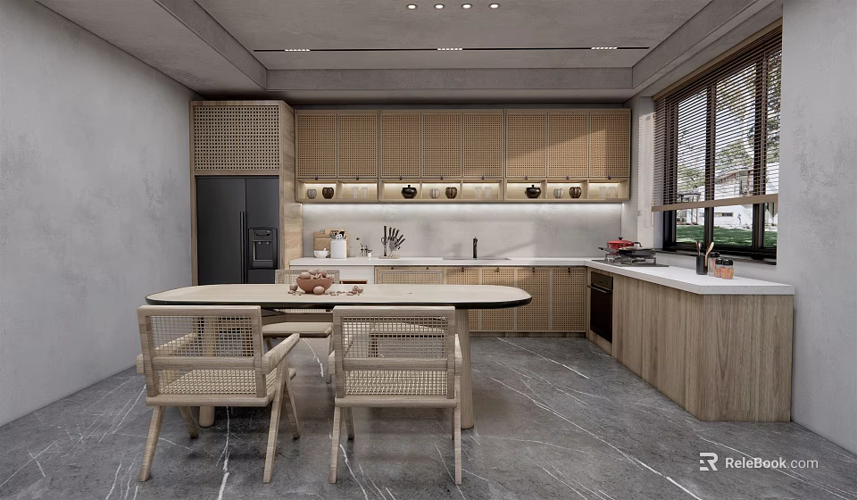 Modern Kitchen Interior With Wooden Cabinets Dining Table Chairs And Gray Flooring 3d model 