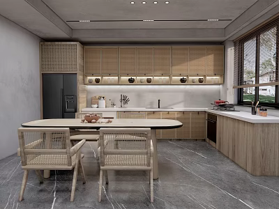 Modern Kitchen Interior With Wooden Cabinets Dining Table Chairs And Gray Flooring 3d model