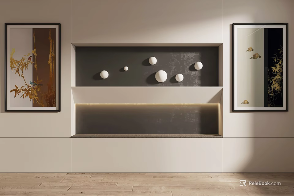 Minimalist Modern Interior With Decorative Shelf White Spherical Ornaments And Framed Art 3d model 