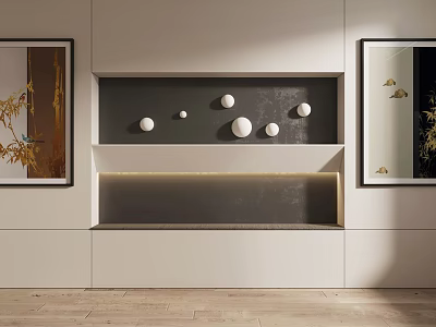 Minimalist Modern Interior With Decorative Shelf White Spherical Ornaments And Framed Art 3d model