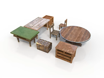 Vintage Wooden Furniture Collection With Tables Chairs Chest And Shelf 3d model